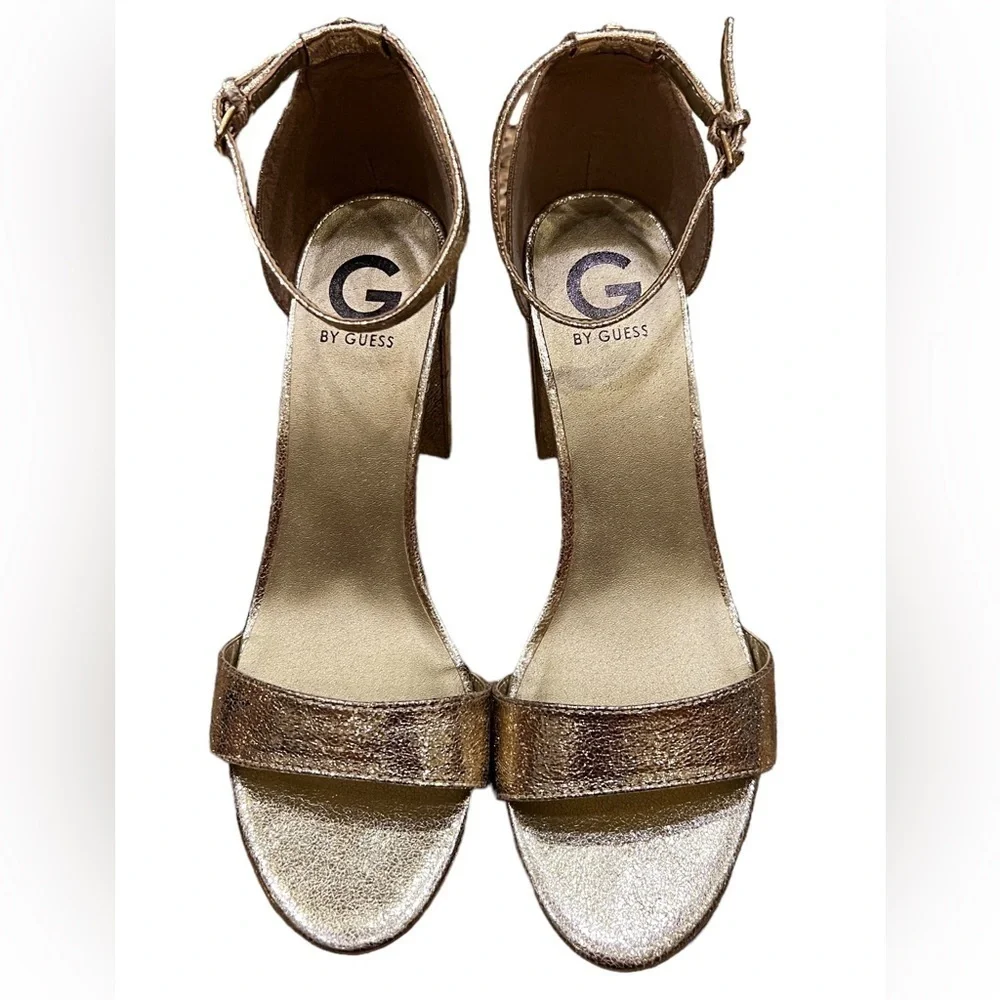 G by Guess Champagne Gold Shantel 3 Heel Strap Sandals, Size 10